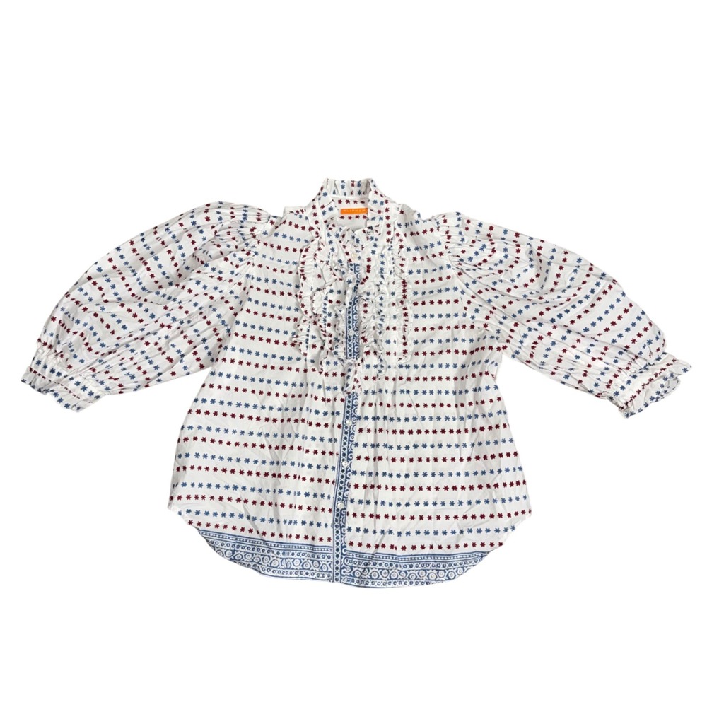 Oliphant Ruffle Puff Sleeve Blouse Women M White Red Blue Good Star Print Cotton